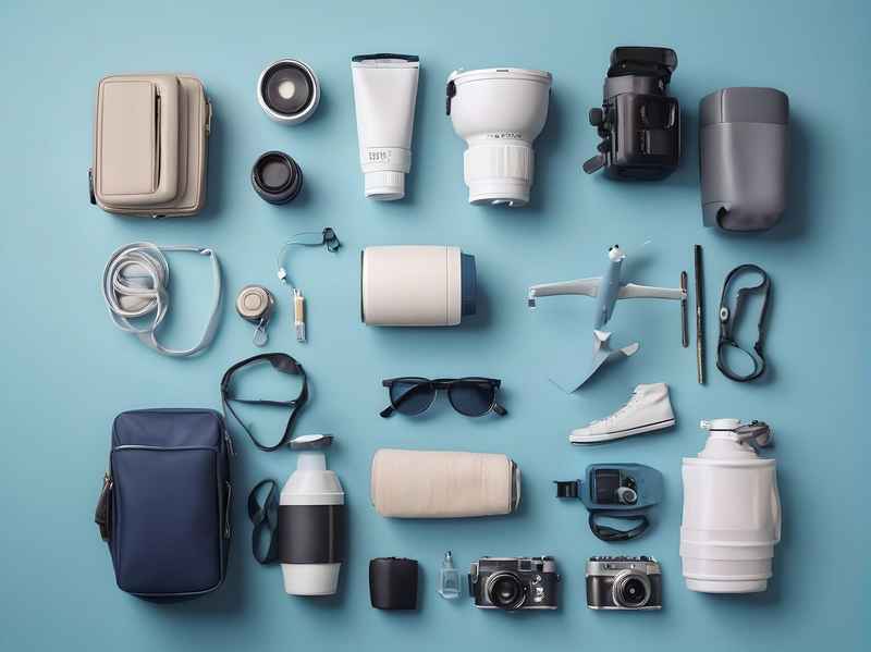 Travel Accessories Bundle - Save Big | Multiple Options featuring luggage, toiletry bags, travel bottles, cameras, and organizers on blue background.