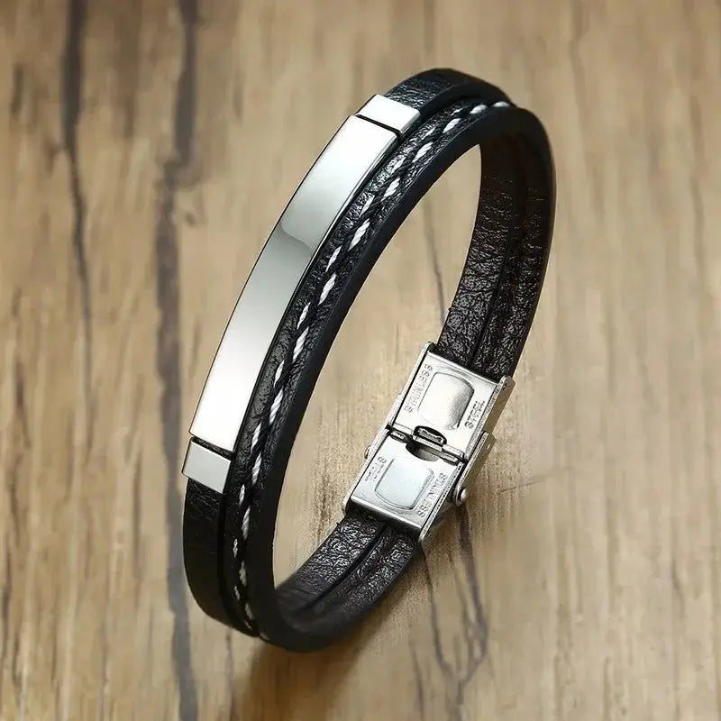 Delysia King 2021 Trendy Men Leatherwear Weave Bracelet Leisure Color Contrast Stainless Steel Bangle - Lifestyle Travel Trading