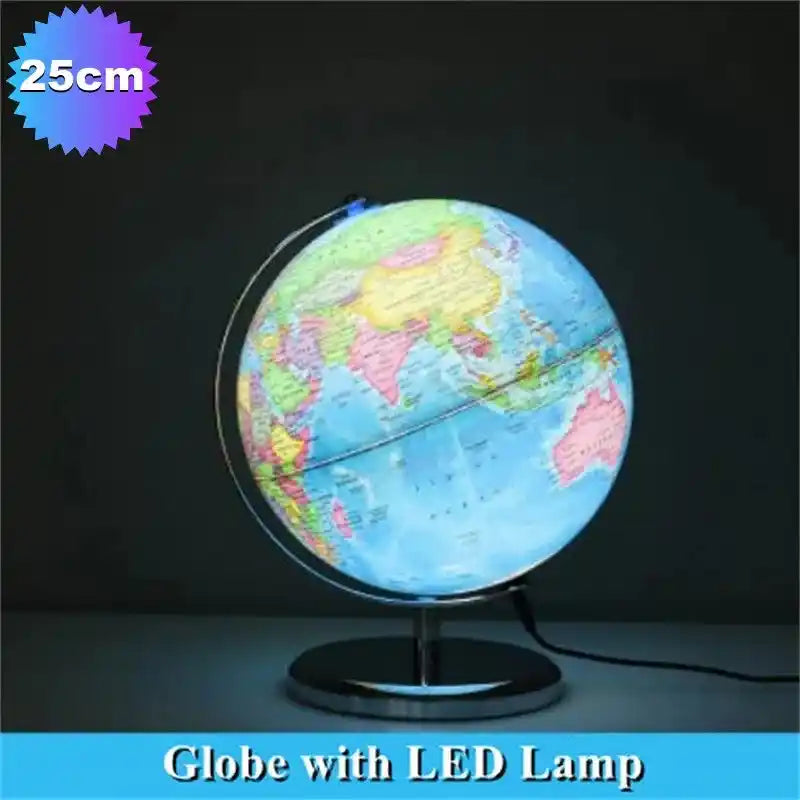 25 cm English World Globe with LED lamp illuminated in a dark room, perfect for educational or decorative use.