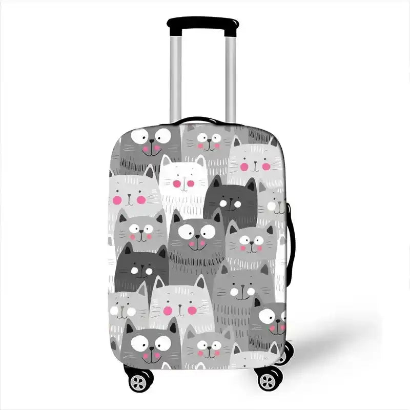 Gray and white cartoon cat print luggage cover with elastic fit, part of the Cat & Dog Print Luggage Covers collection for suitcase protection.