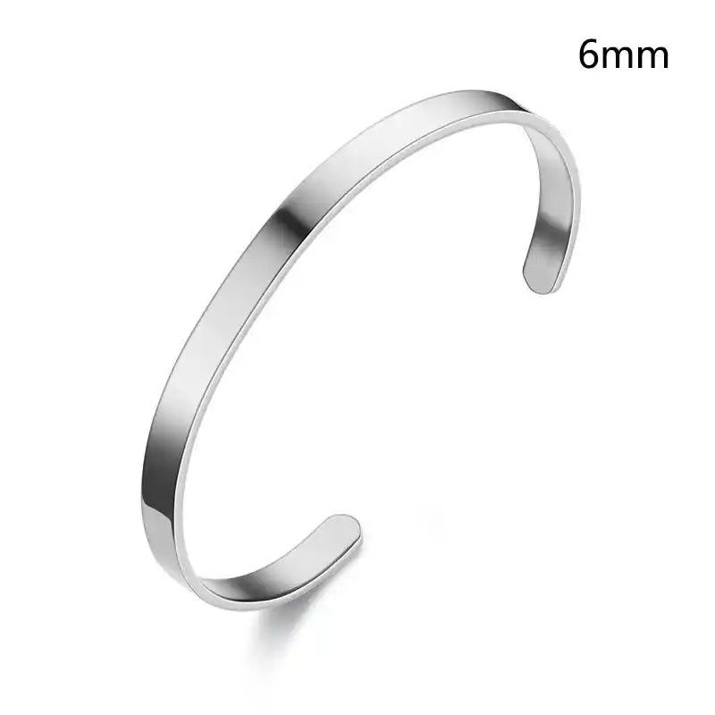 Sleek silver 6mm stainless steel cuff bracelet. Personalised bracelet for engraving names, dates, or messages for gifts.