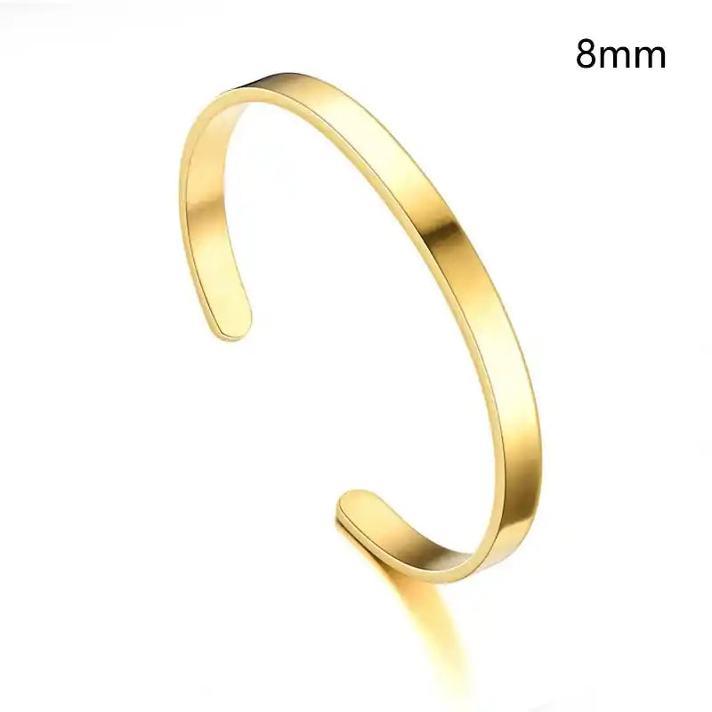 Gold 8mm stainless steel cuff bracelet. Elegant personalised bracelet with wide band for custom engraved messages or names.