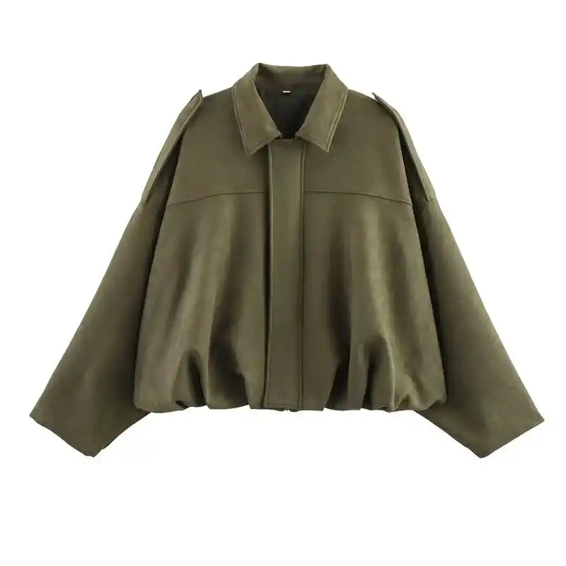 Olive green suede oversize women’s bomber jacket with zip front and wide sleeves, a trendy coat for casual and urban wear.