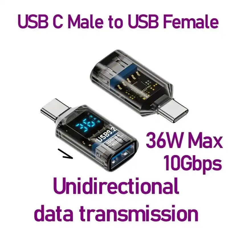USB-C male to USB female adaptor with 36W max output and 10Gbps speed, designed for unidirectional data transmission and charging.