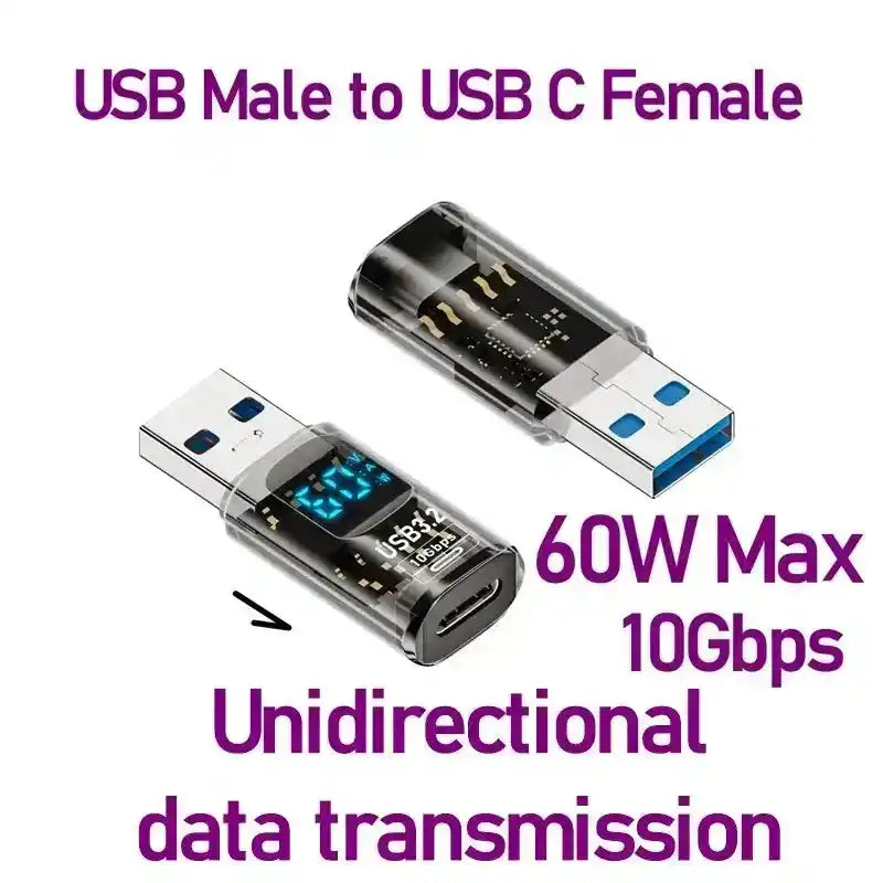 USB male to USB-C female adaptor with 60W max power and 10Gbps speed, featuring unidirectional data transmission and digital display.