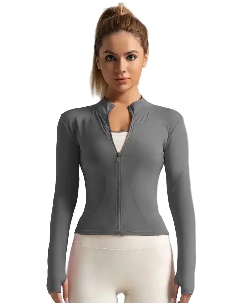 Gray women's long-sleeved yoga jacket with front zipper and slim fit, designed for fitness, running, and sun protection.