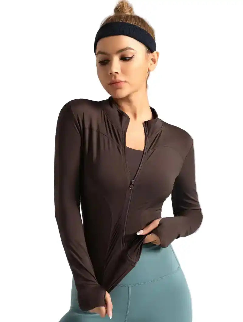 Dark brown women's long-sleeved yoga jacket with front zipper, perfect for stylish activewear and outdoor workouts.