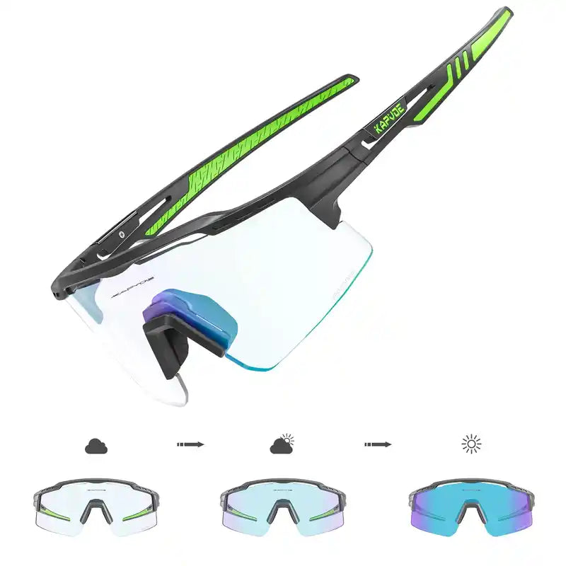 Black and green Photochromic Cycling Glasses for Stylish Protection with UV400 lenses, showing lens color change for sun protection.