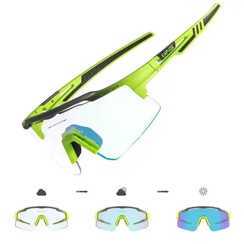 Green frame Photochromic Cycling Glasses for Stylish Protection with UV400 lenses, transitioning from light to dark for outdoor use.