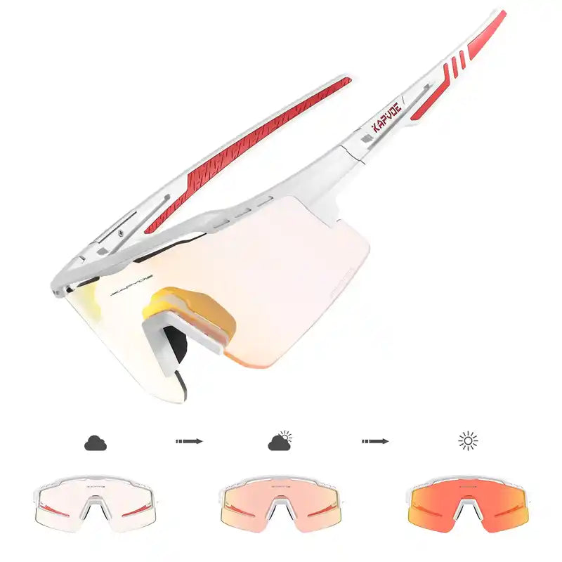 White and red Photochromic Cycling Glasses for Stylish Protection with UV400 lenses, transitioning from clear to orange tint.