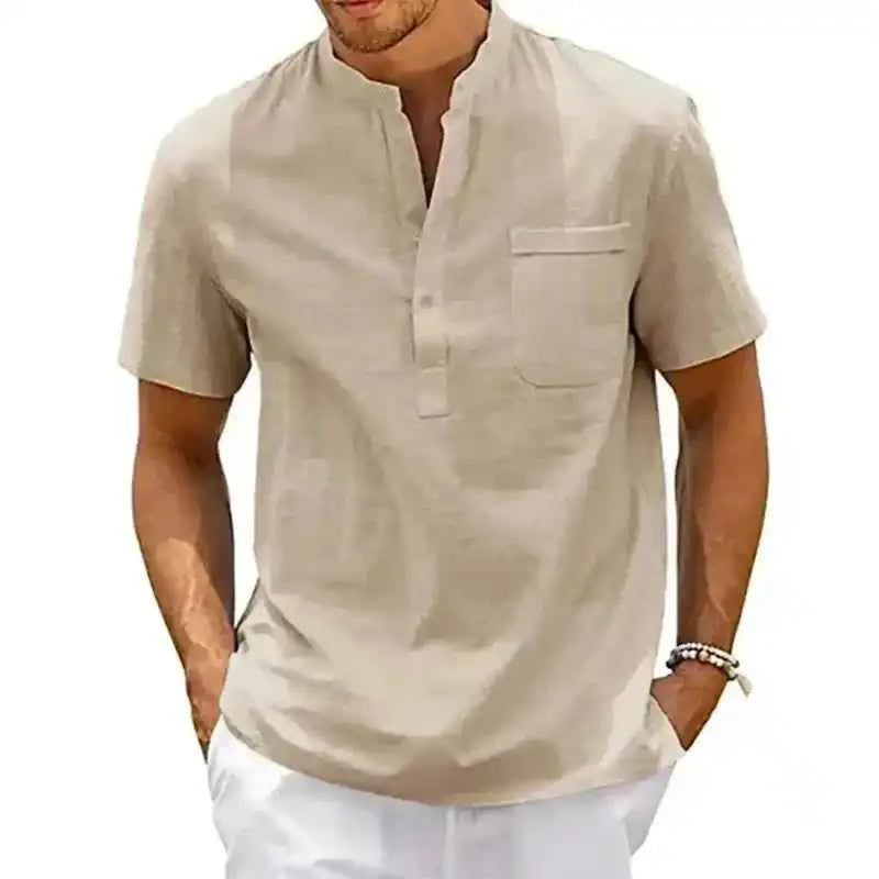 Men’s Cotton Linen Shirt – Henley Neck Short Sleeve Casual Top - Lifestyle Travel Trading
