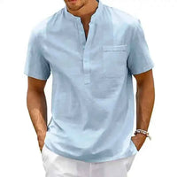 Men’s Cotton Linen Shirt – Henley Neck Short Sleeve Casual Top - Lifestyle Travel Trading