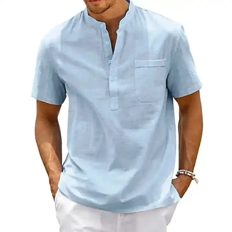 Cotton Linen Shirt | Men's Henley Neck Short Sleeve Beach Casual Top Dropified
