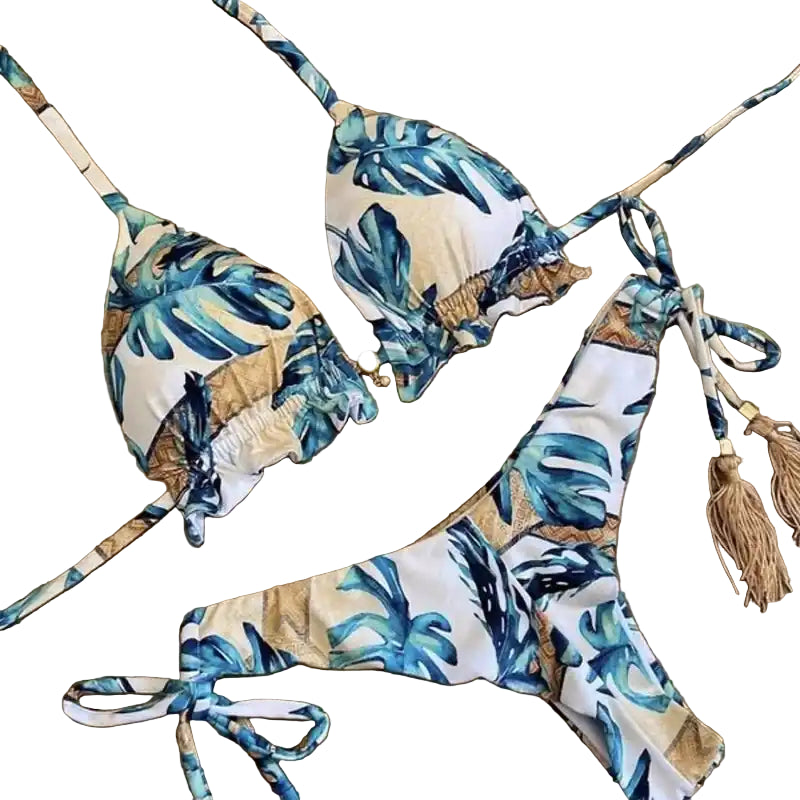 Women's bikini swimsuit with blue and beige tropical leaf print and tan tassels, offering a flattering push-up design for beach holidays.