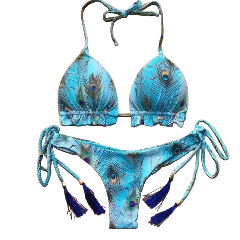 Peacock feather print push-up bikini swimsuit for women with blue tassel ties, designed for eye-catching beach and poolside fashion.
