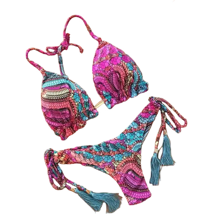 Women's push-up two-piece bikini swimsuit in vibrant pink and blue paisley print with tassel ties, ideal for beach and resort wear.