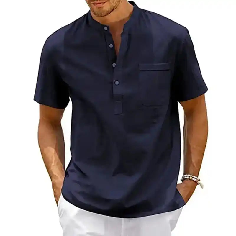 Cotton Linen Shirt | Men's Henley Neck Short Sleeve Beach Casual Top Dropified