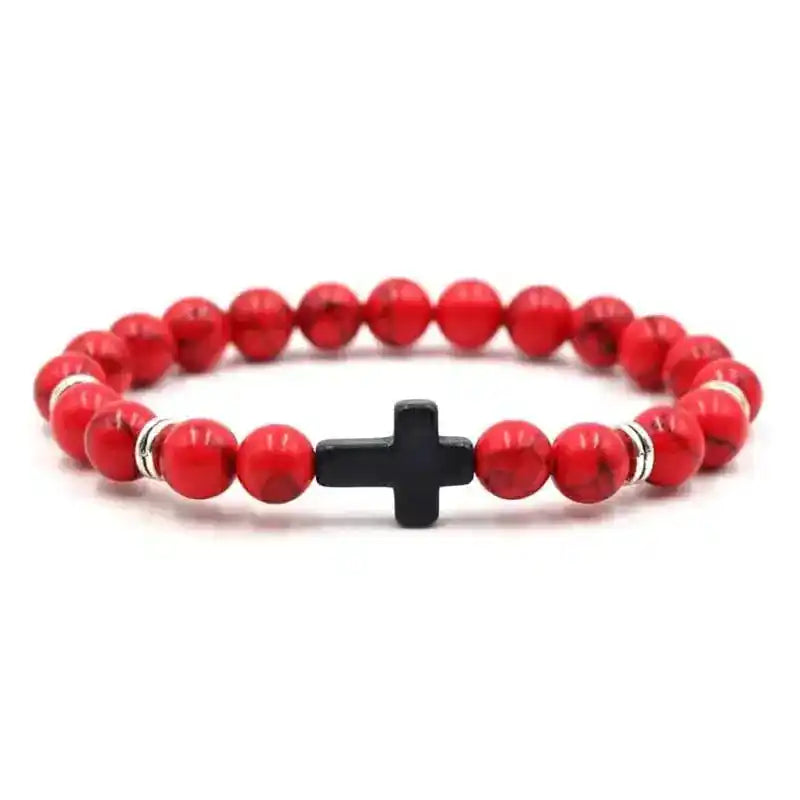 Bead Bracelet | Natural Stone Wood Prayer Rosary with Cross Charm Dropified