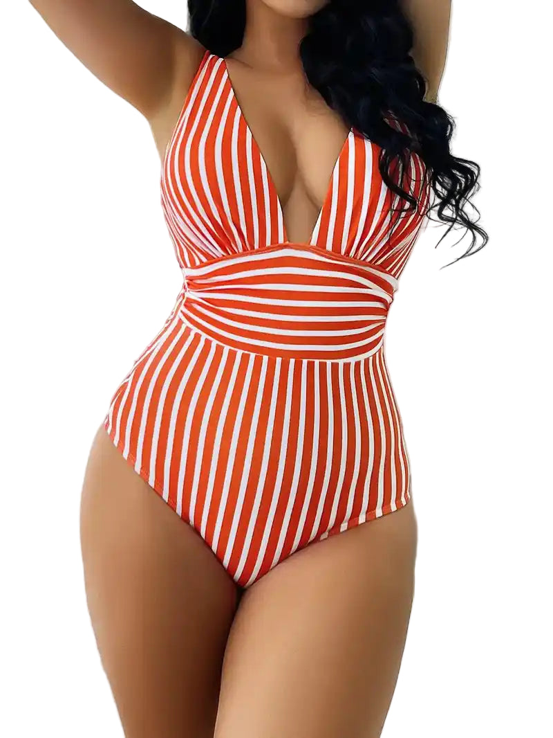 Red and white striped V-neck one-piece vintage swimsuit with waist wrap effect. Retro swimwear ideal for summer beachwear.
