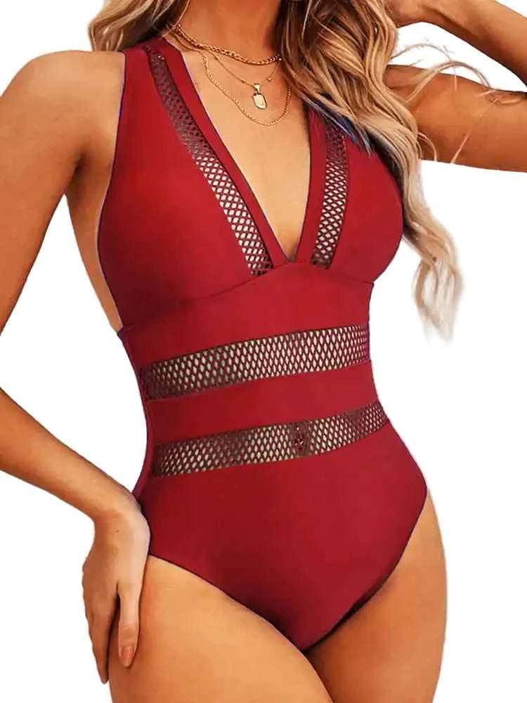 Women's  Mesh Patchwork Swimsuit | Deep V Push‑Up One‑Piece
