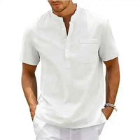 Men’s Cotton Linen Shirt – Henley Neck Short Sleeve Casual Top - Lifestyle Travel Trading