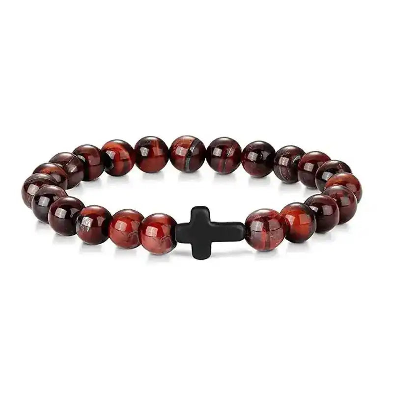 Bead Bracelet | Natural Stone Wood Prayer Rosary with Cross Charm Dropified