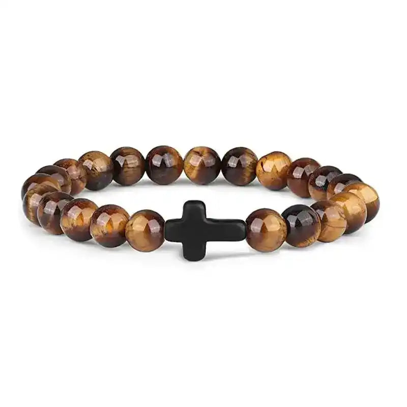Bead Bracelet | Natural Stone Wood Prayer Rosary with Cross Charm Dropified