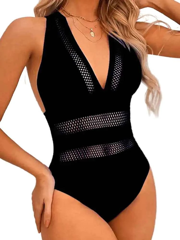 Women's  Mesh Patchwork Swimsuit | Deep V Push‑Up One‑Piece
