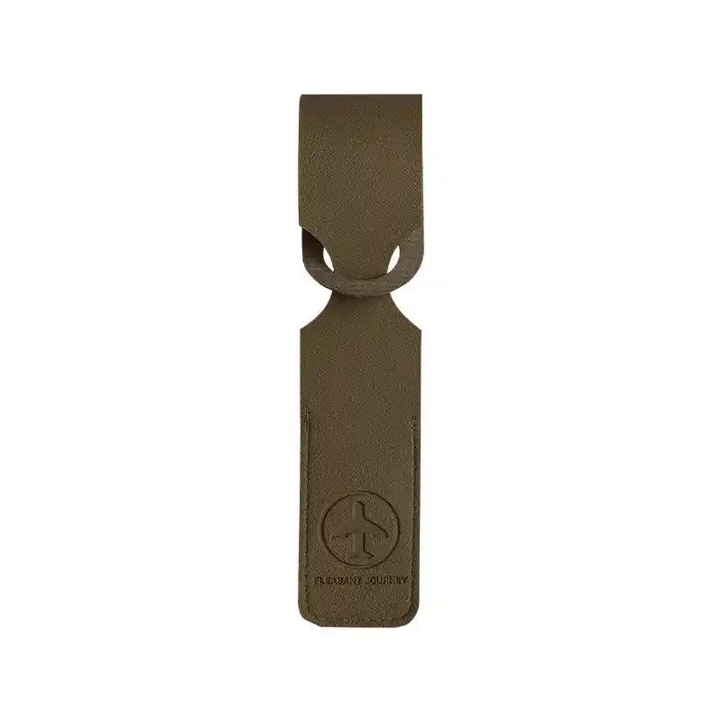 Brown PU leather luggage tag with embossed logo and secure strap. Durable suitcase identifier for travel and luggage use.
