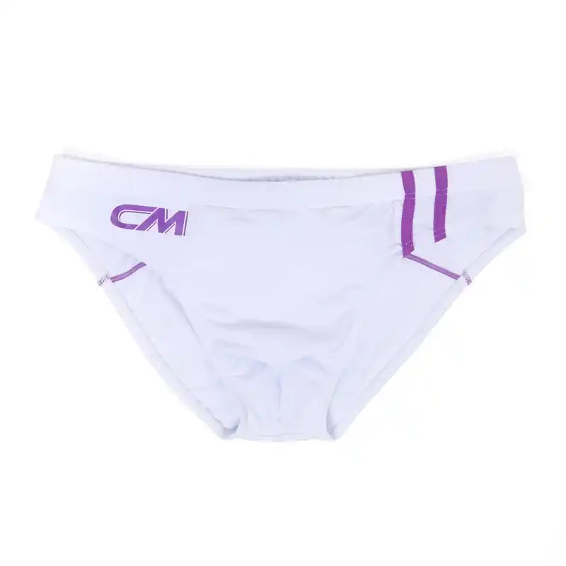White Men's Swim Trunks | Bulge Pouch Drawstring Swimming Briefs with purple detailing, designed for comfort and modern beach style.