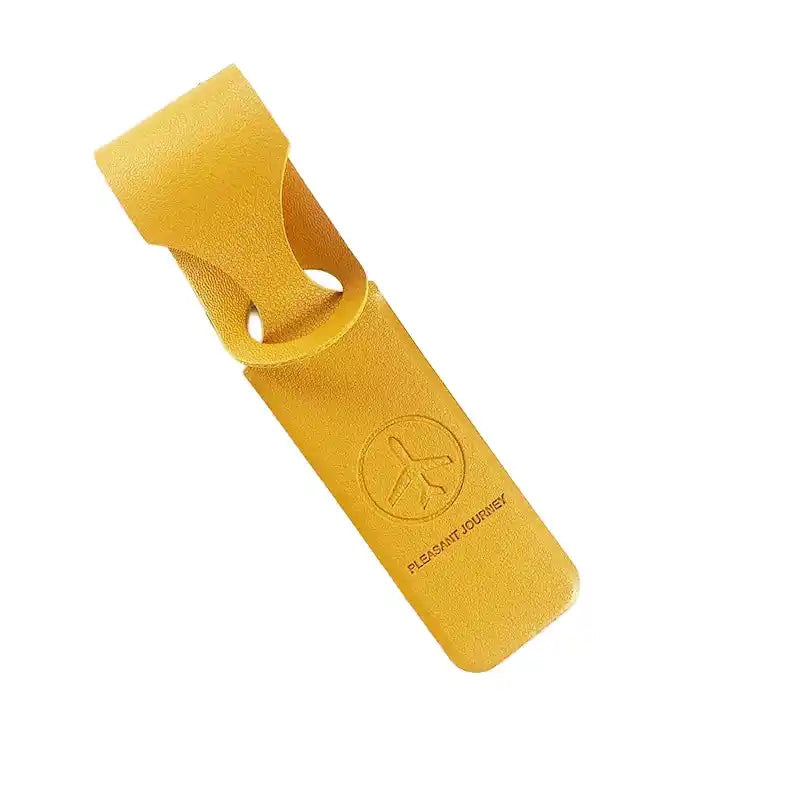 Yellow PU leather luggage tag with airplane logo and loop strap. Bright suitcase identifier with ID/address holder for travel.