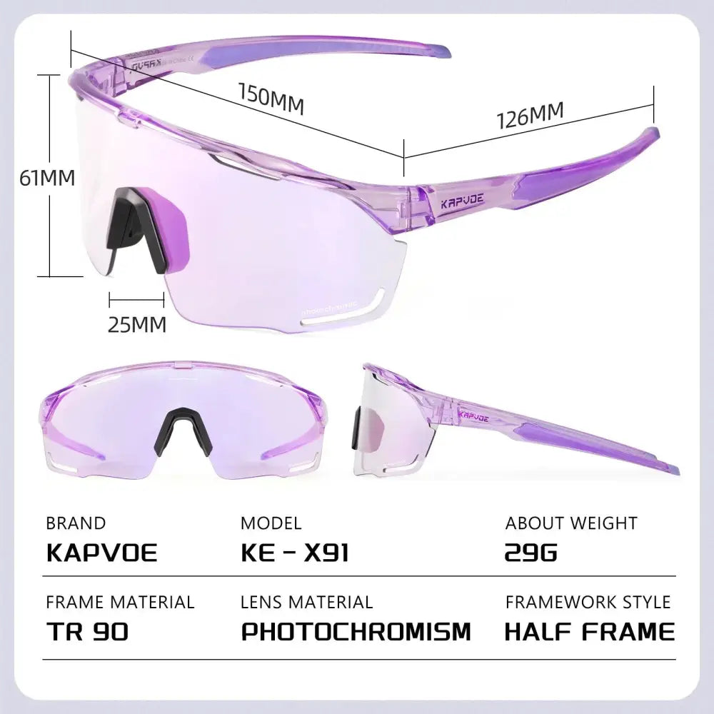 Kapvoe New Purple Red Photchromic Cycling SunGlasses MTB Bike UV400 Protection Glasses Riding Driving Running Sports Eyewear - Lifestyle Travel Trading