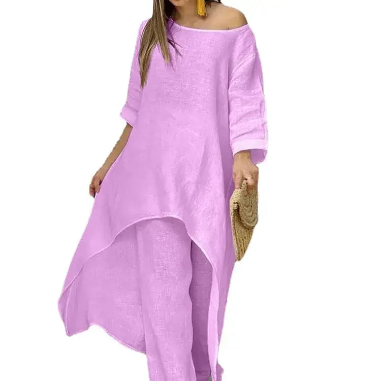 Women’s Long Sleeved Linen And Cotton 2-piece Set - Apparel