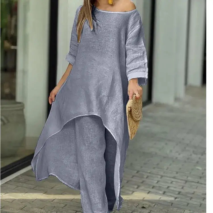 Women’s Long Sleeved Linen And Cotton 2-piece Set - Dark Grey / S - Apparel