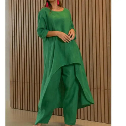 Women’s Long Sleeved Linen And Cotton 2-piece Set - green / S - Apparel