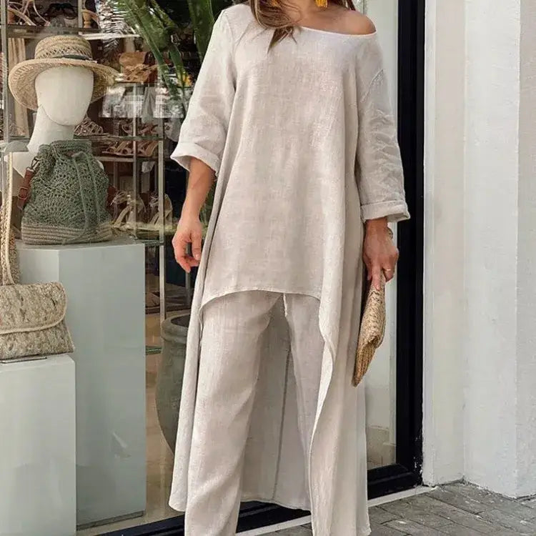 Women’s Long Sleeved Linen And Cotton 2-piece Set - Khaki / S - Apparel