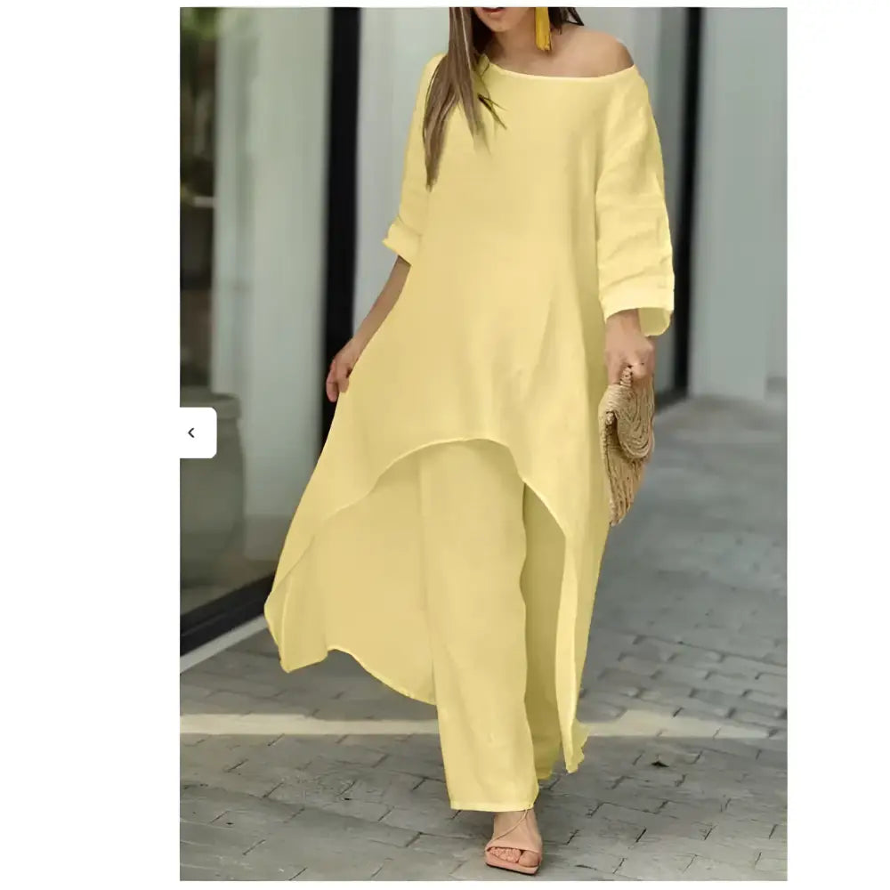 Women’s Long Sleeved Linen And Cotton 2-piece Set - Yellow / S - Apparel